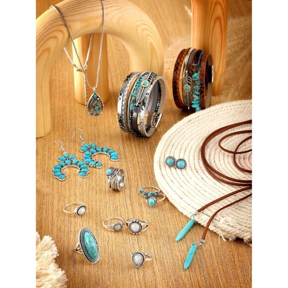 15 pcs Women's Jewelry Set Turquoise Necklace Earrings Bracelets Rings - Picture 7 of 7